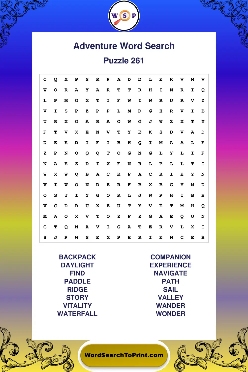 Adventure Word Search Puzzle 261