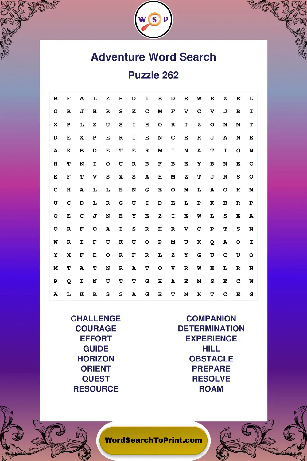Adventure Word Search Puzzle 262