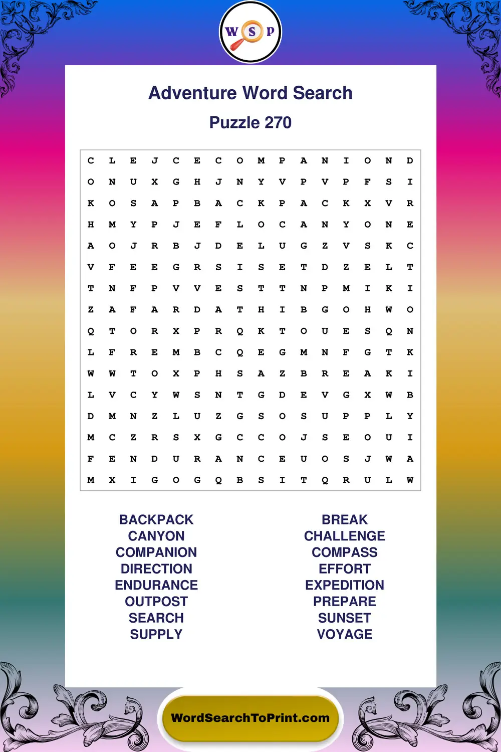 Adventure Word Search Puzzle 270