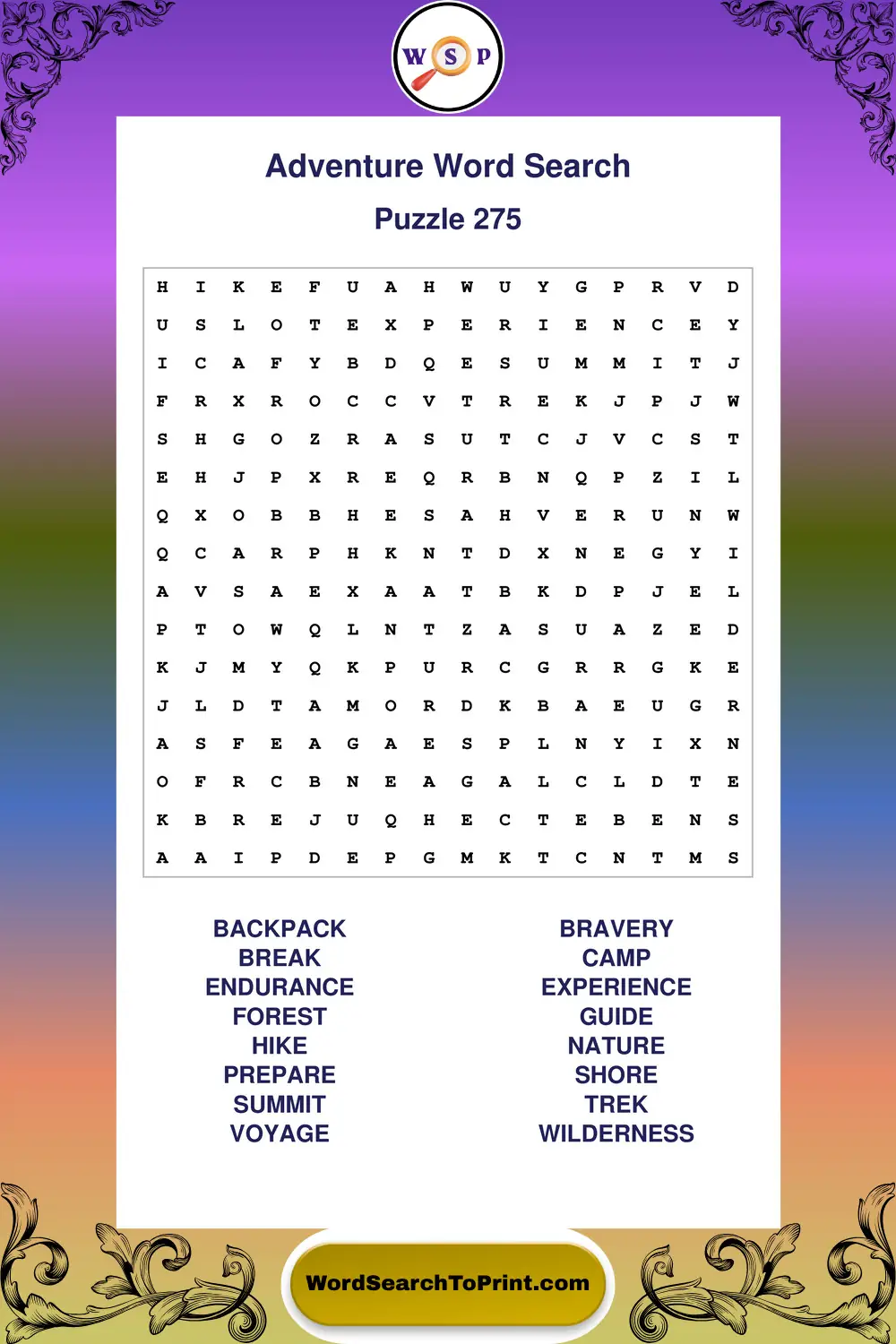 Adventure Word Search Puzzle 275