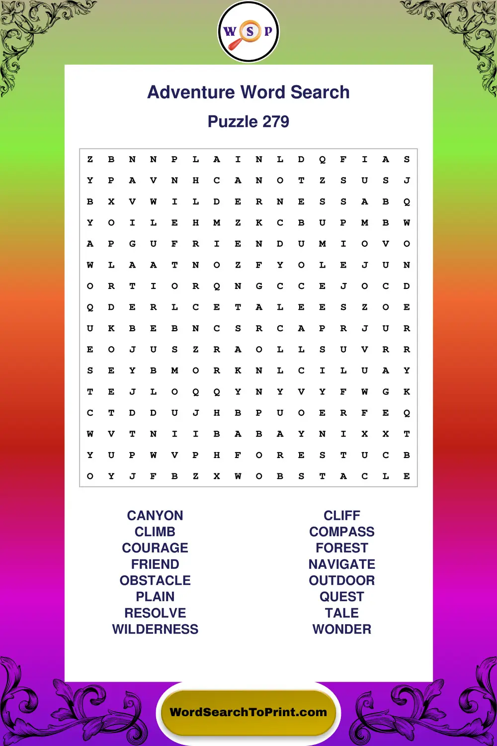 Adventure Word Search Puzzle 279