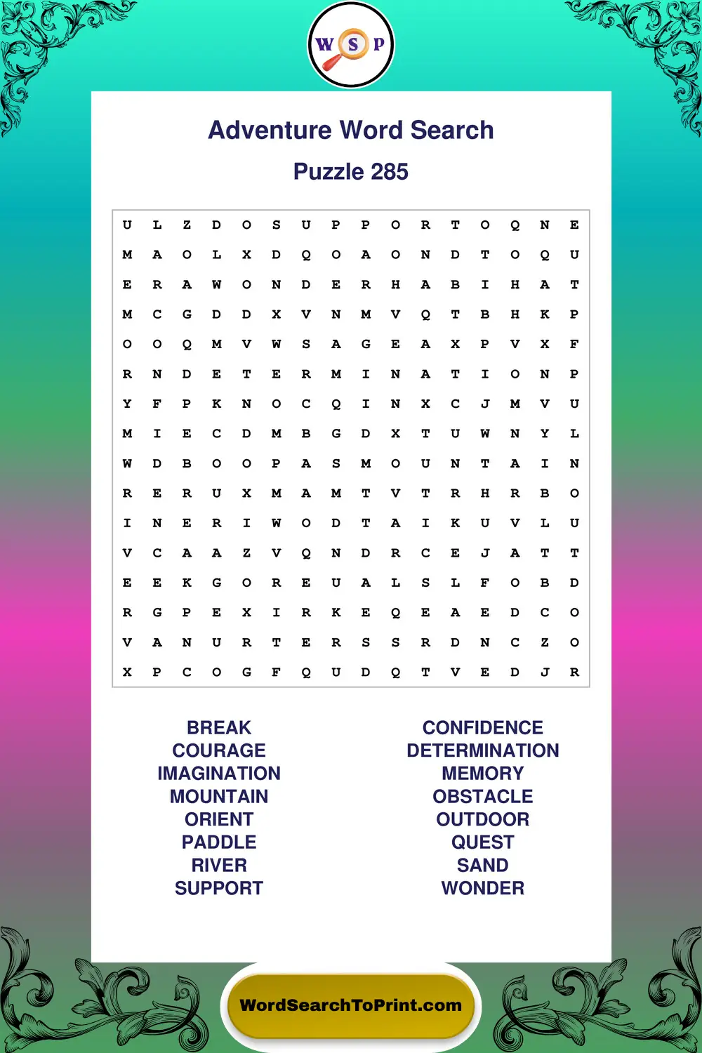Adventure Word Search Puzzle 285