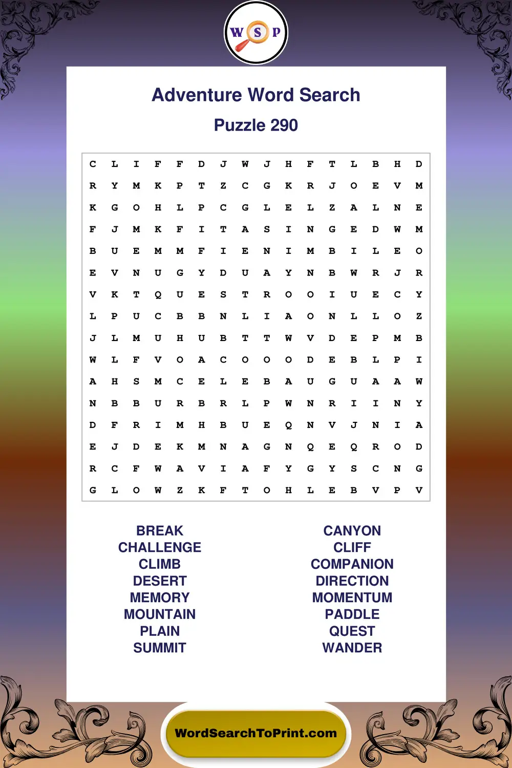Adventure Word Search Puzzle 290