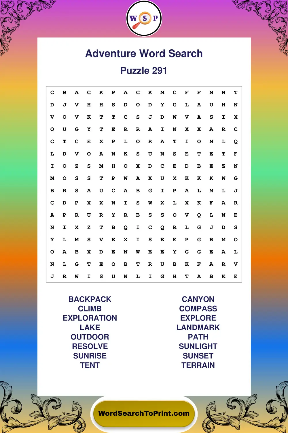Adventure Word Search Puzzle 291