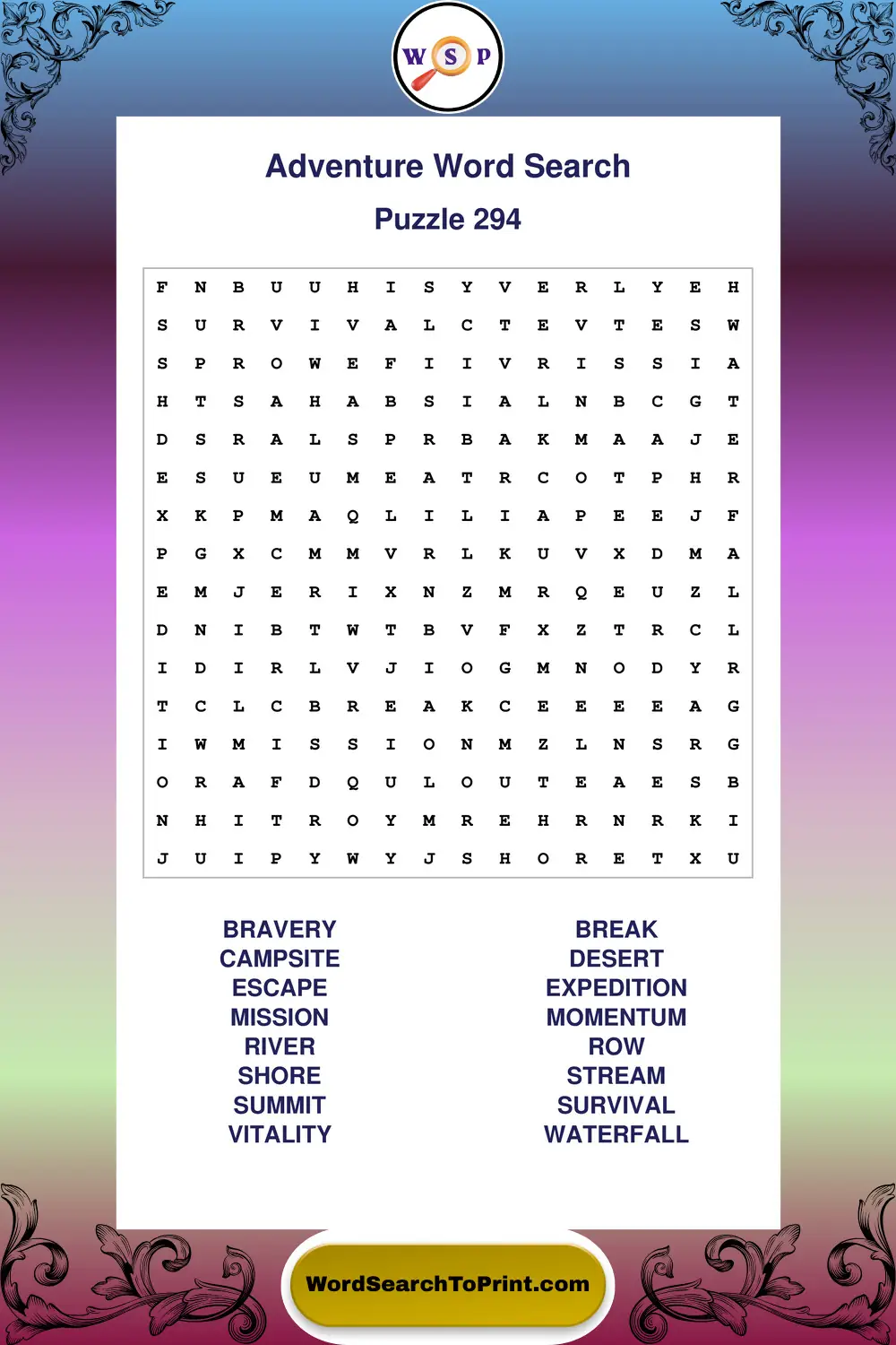 Adventure Word Search Puzzle 294