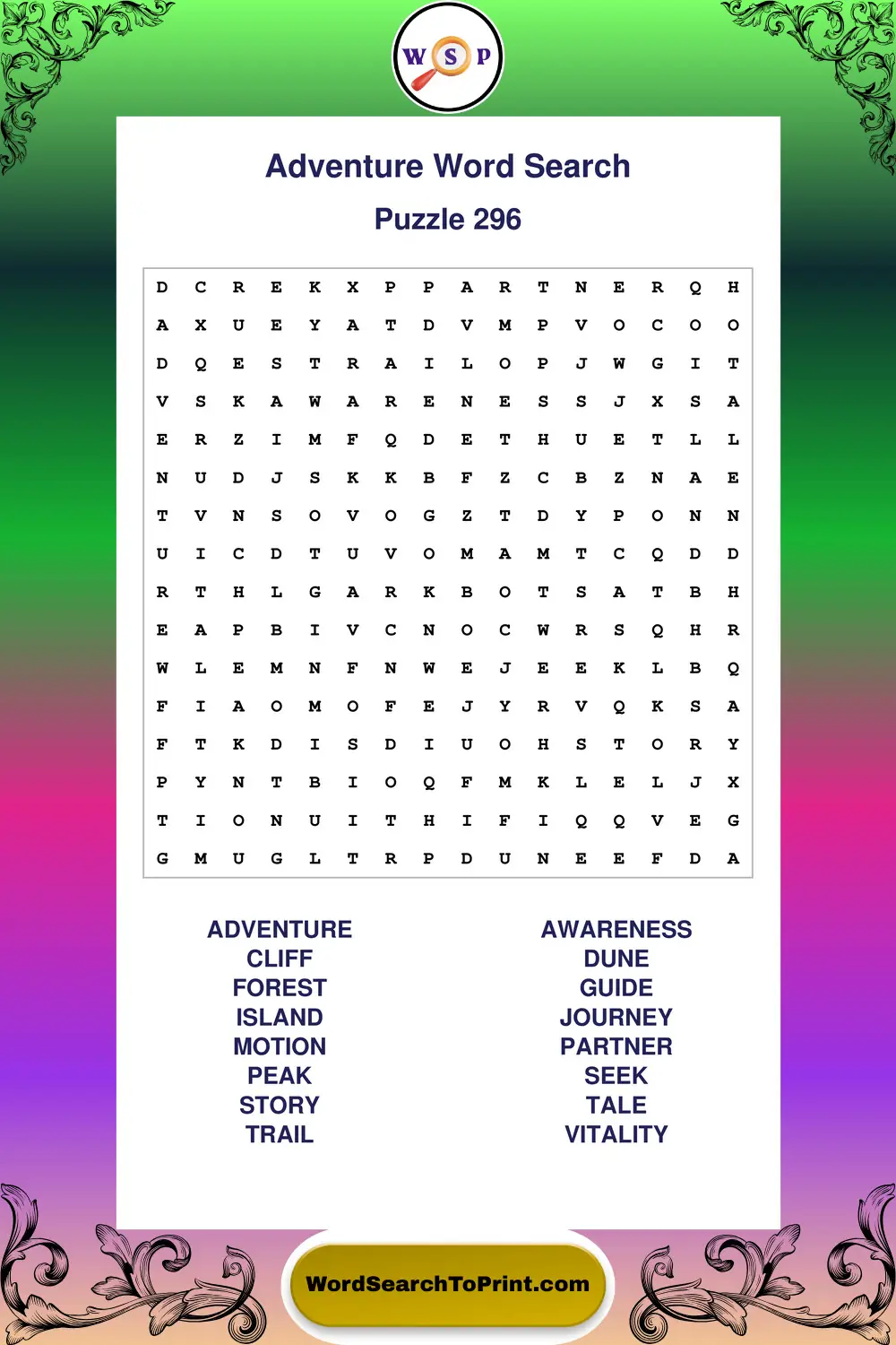Adventure Word Search Puzzle 296