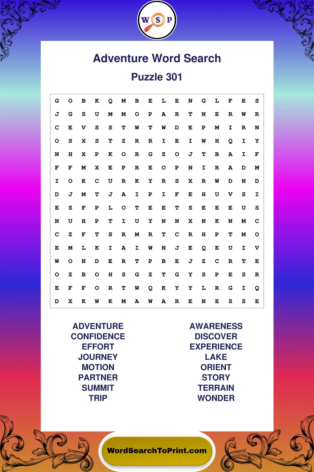 Adventure Word Search Puzzle 301