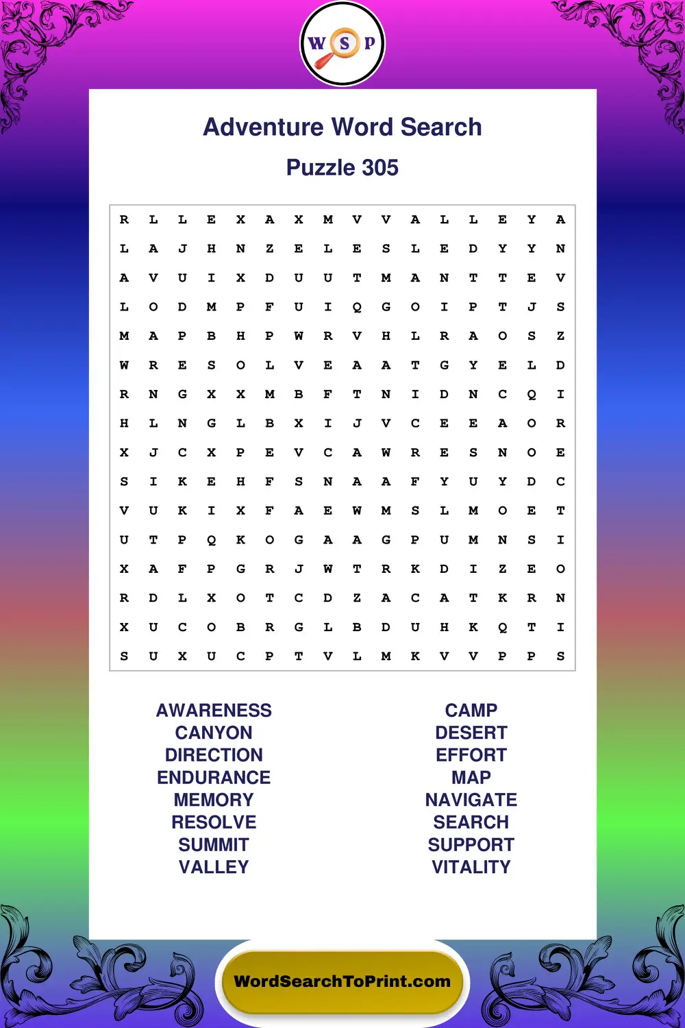 Adventure Word Search Puzzle 305