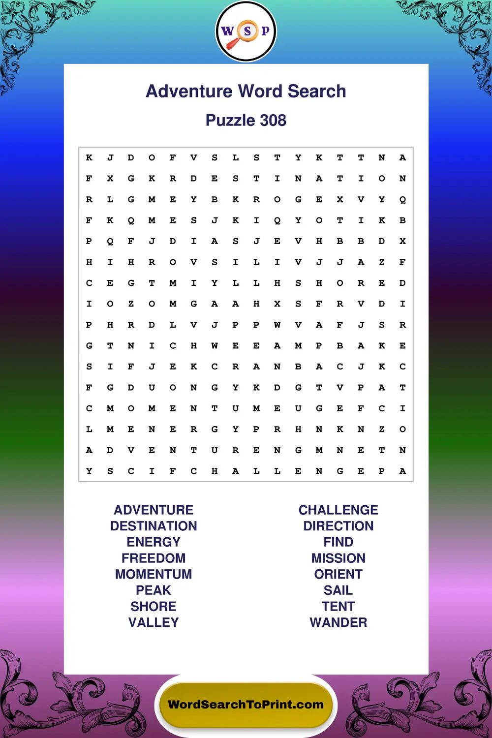 Adventure Word Search Puzzle 308