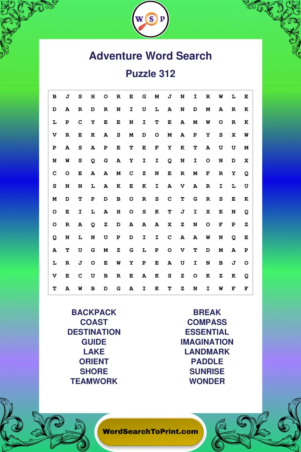 Adventure Word Search Puzzle 312