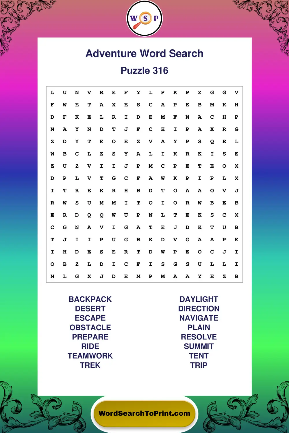 Adventure Word Search Puzzle 316
