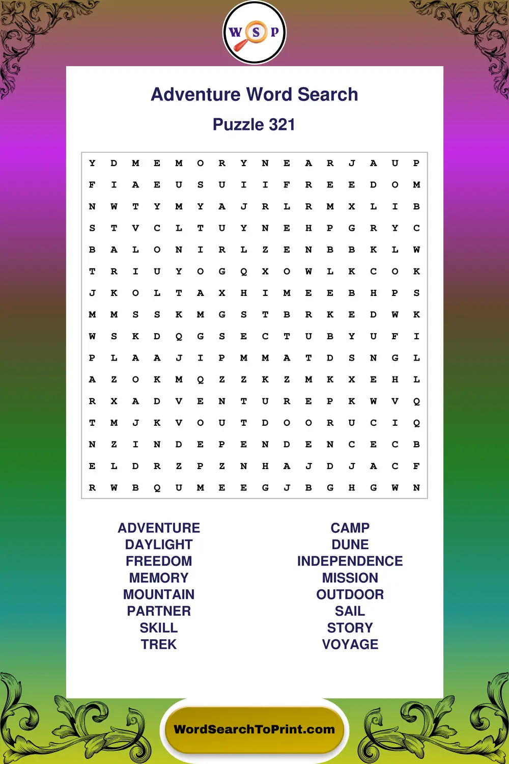 Adventure Word Search Puzzle 321