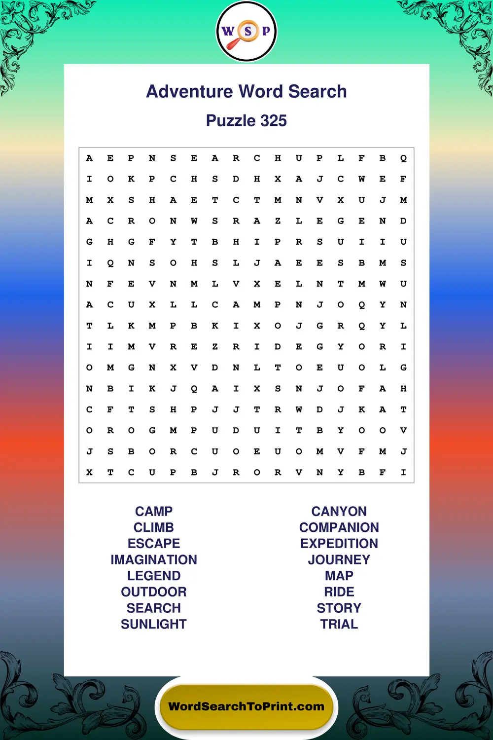 Adventure Word Search Puzzle 325