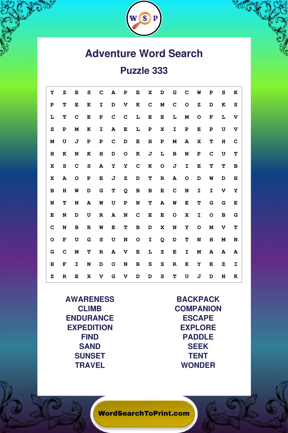 Adventure Word Search Puzzle 333