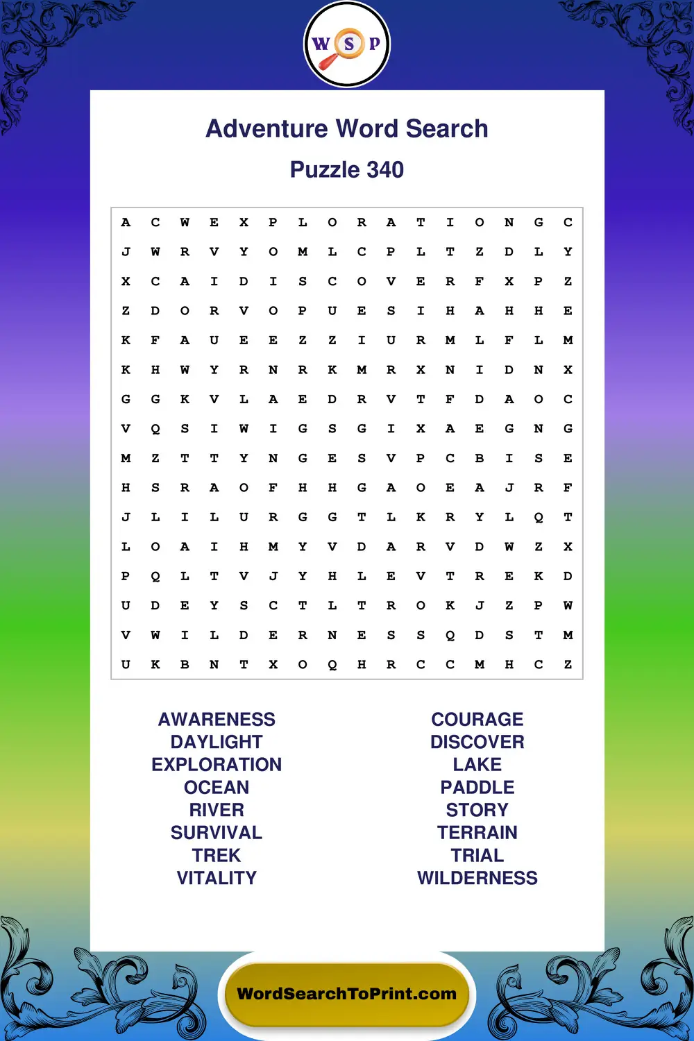 Adventure Word Search Puzzle 340