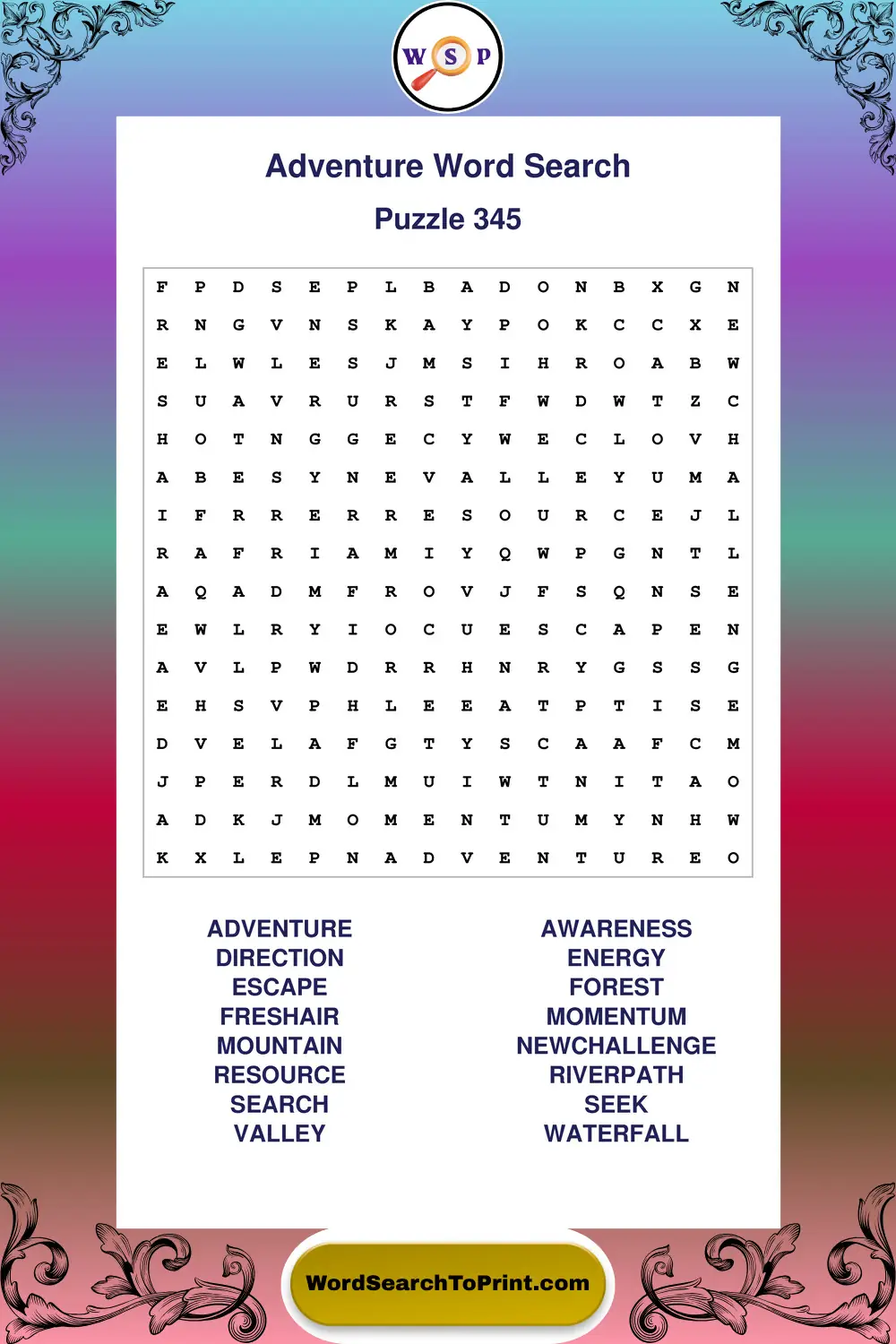 Adventure Word Search Puzzle 345
