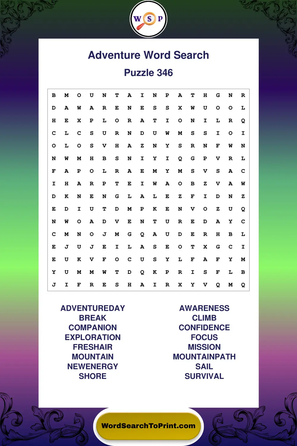 Adventure Word Search Puzzle 346