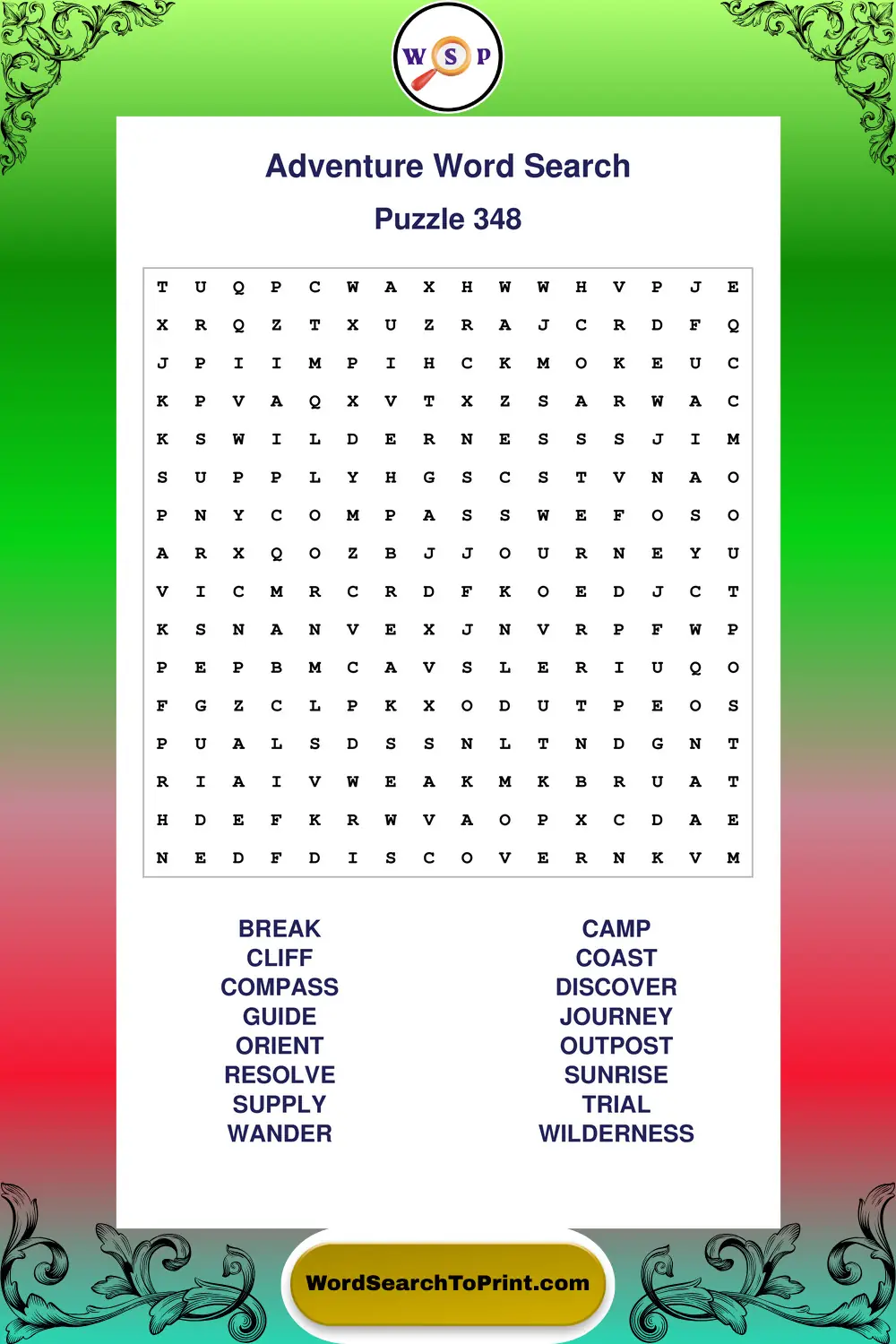 Adventure Word Search Puzzle 348
