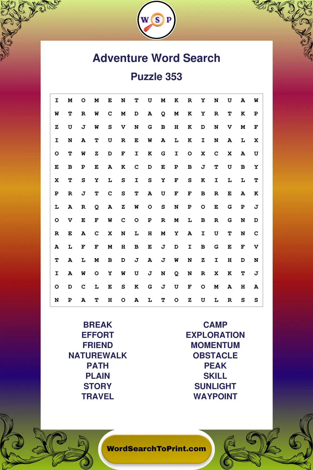 Adventure Word Search Puzzle 353