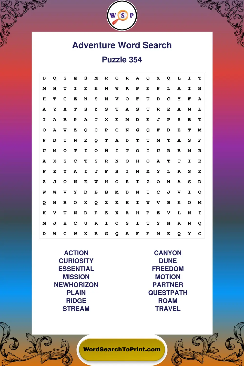 Adventure Word Search Puzzle 354