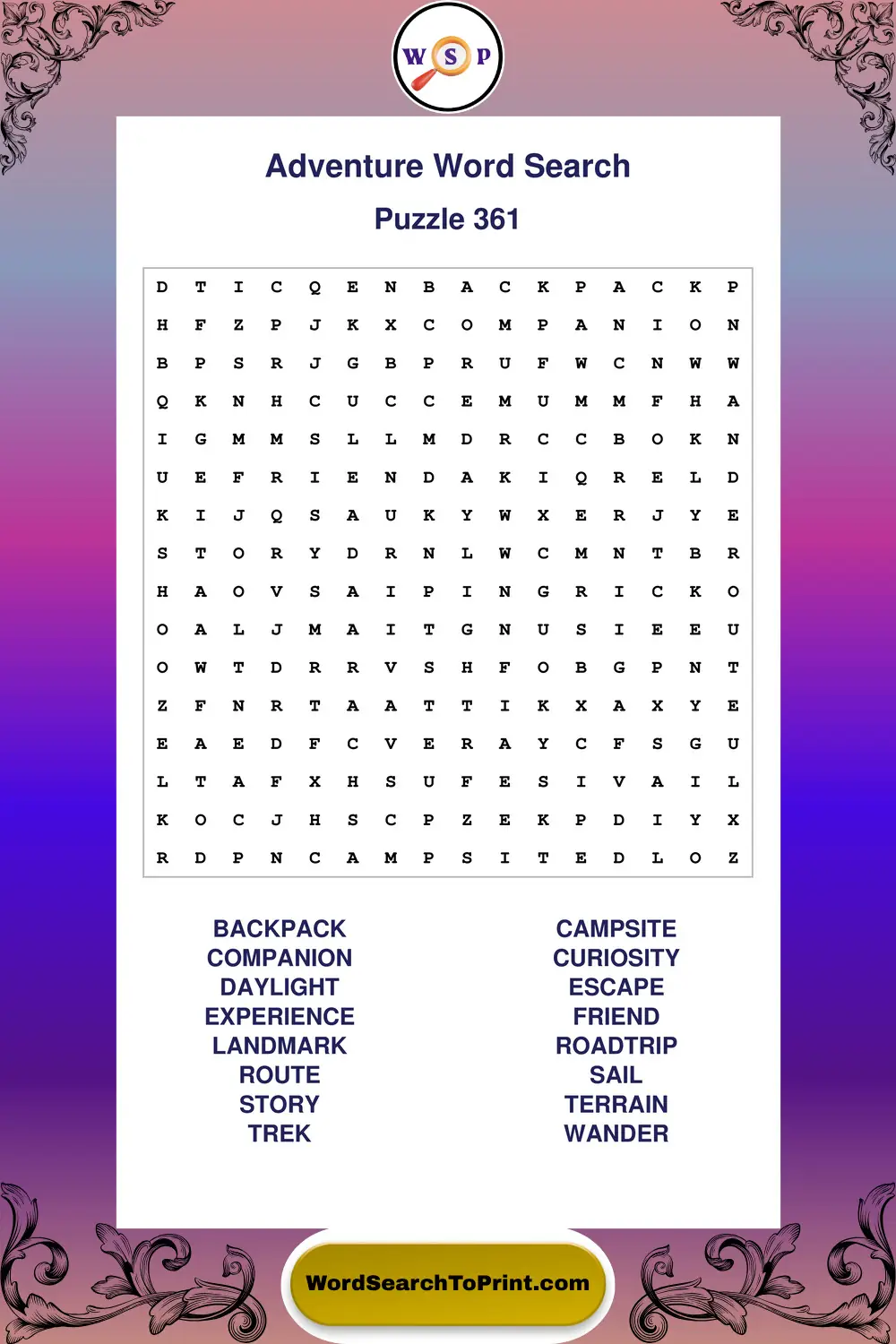 Adventure Word Search Puzzle 361