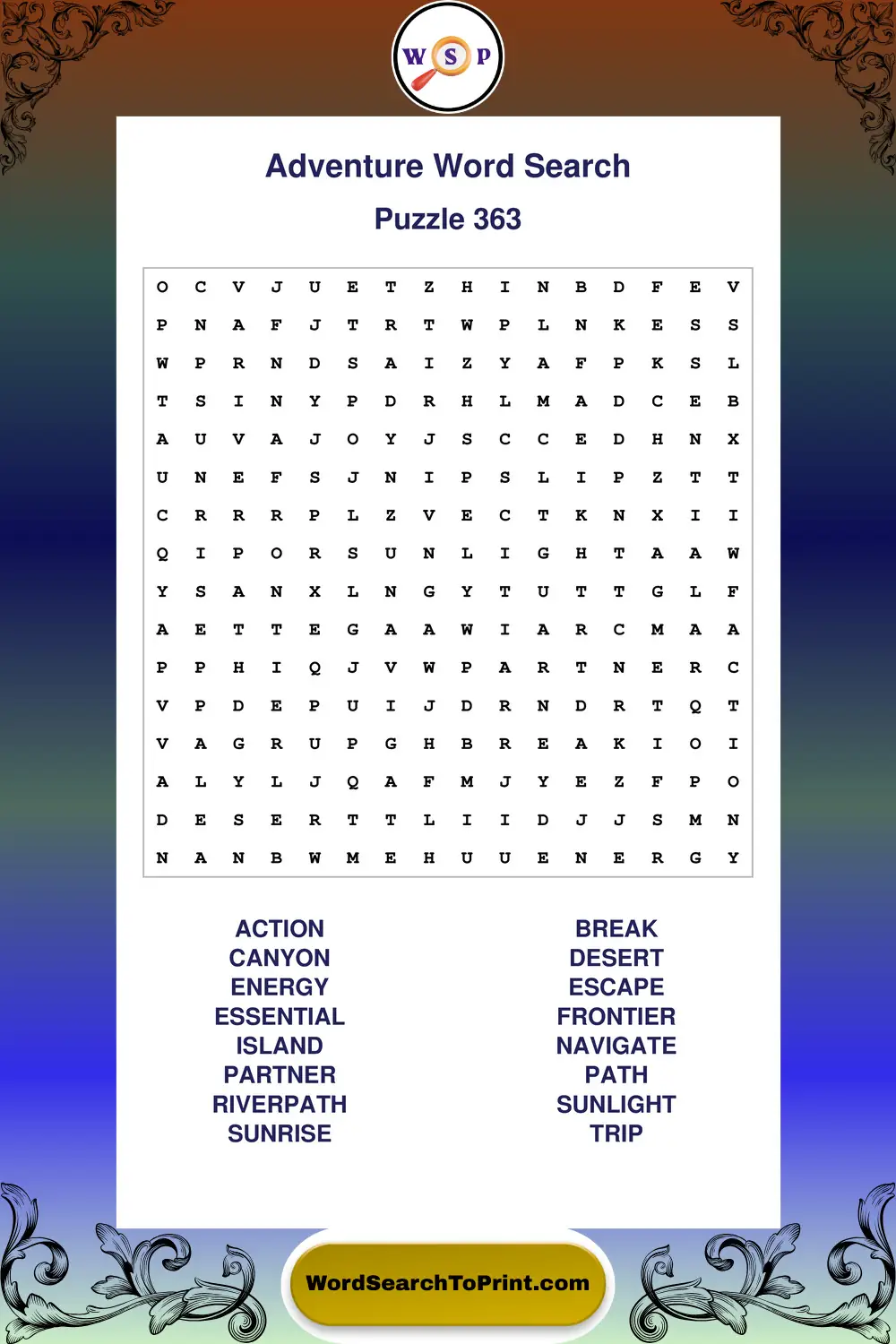 Adventure Word Search Puzzle 363