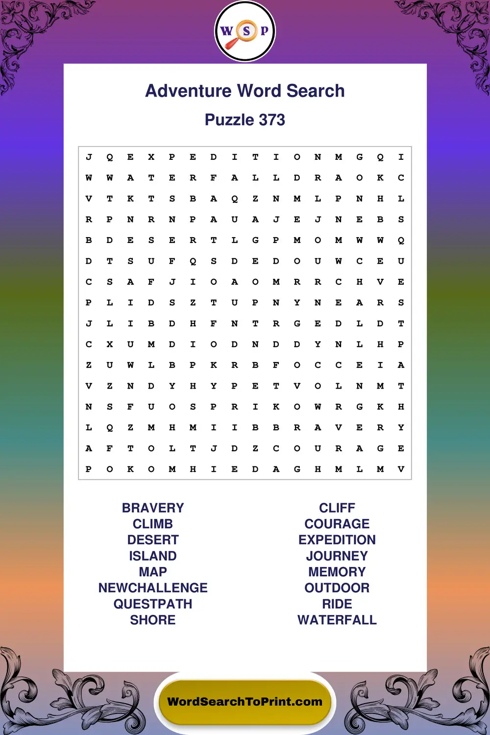 Adventure Word Search Puzzle 373