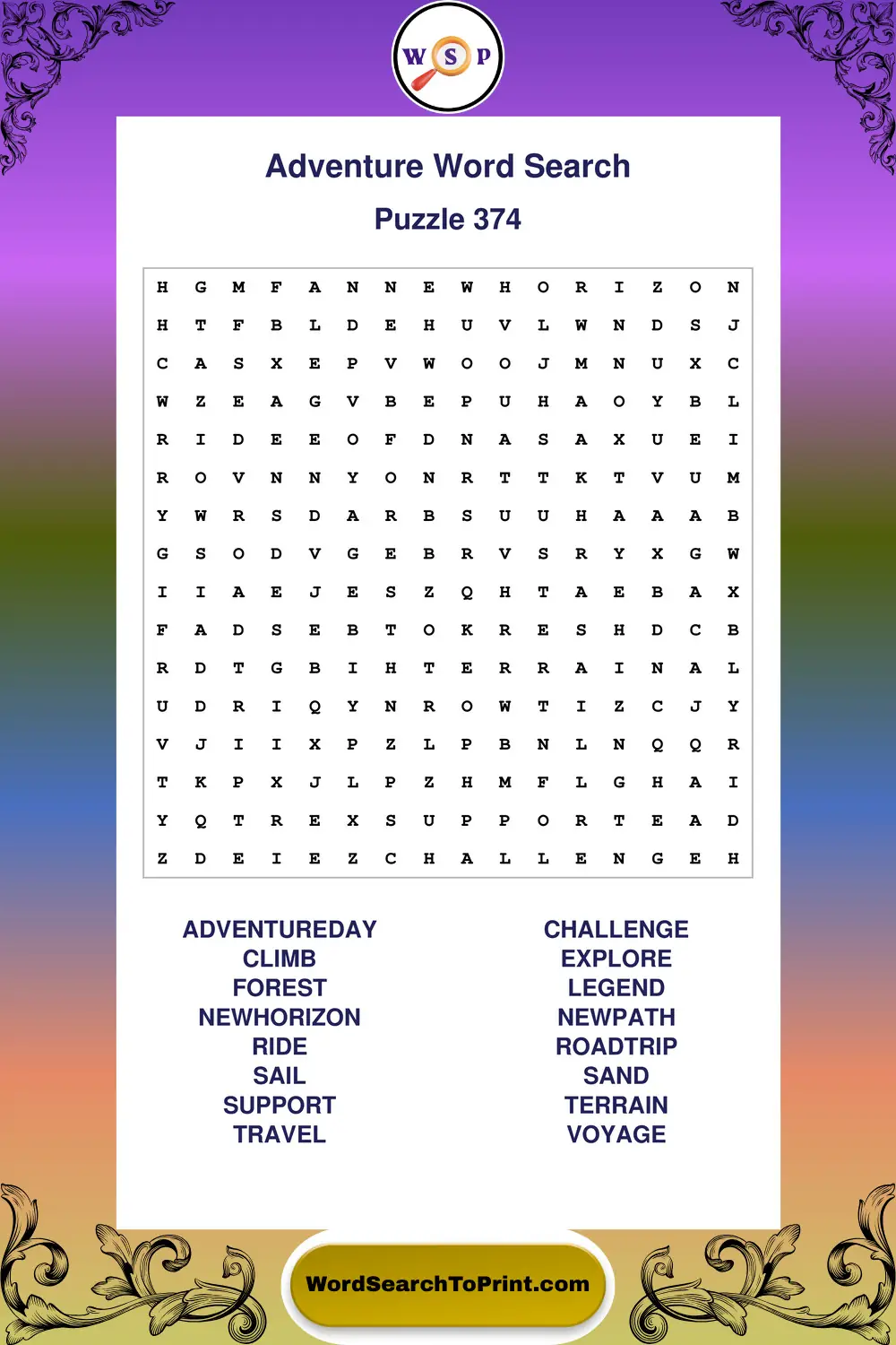 Adventure Word Search Puzzle 374