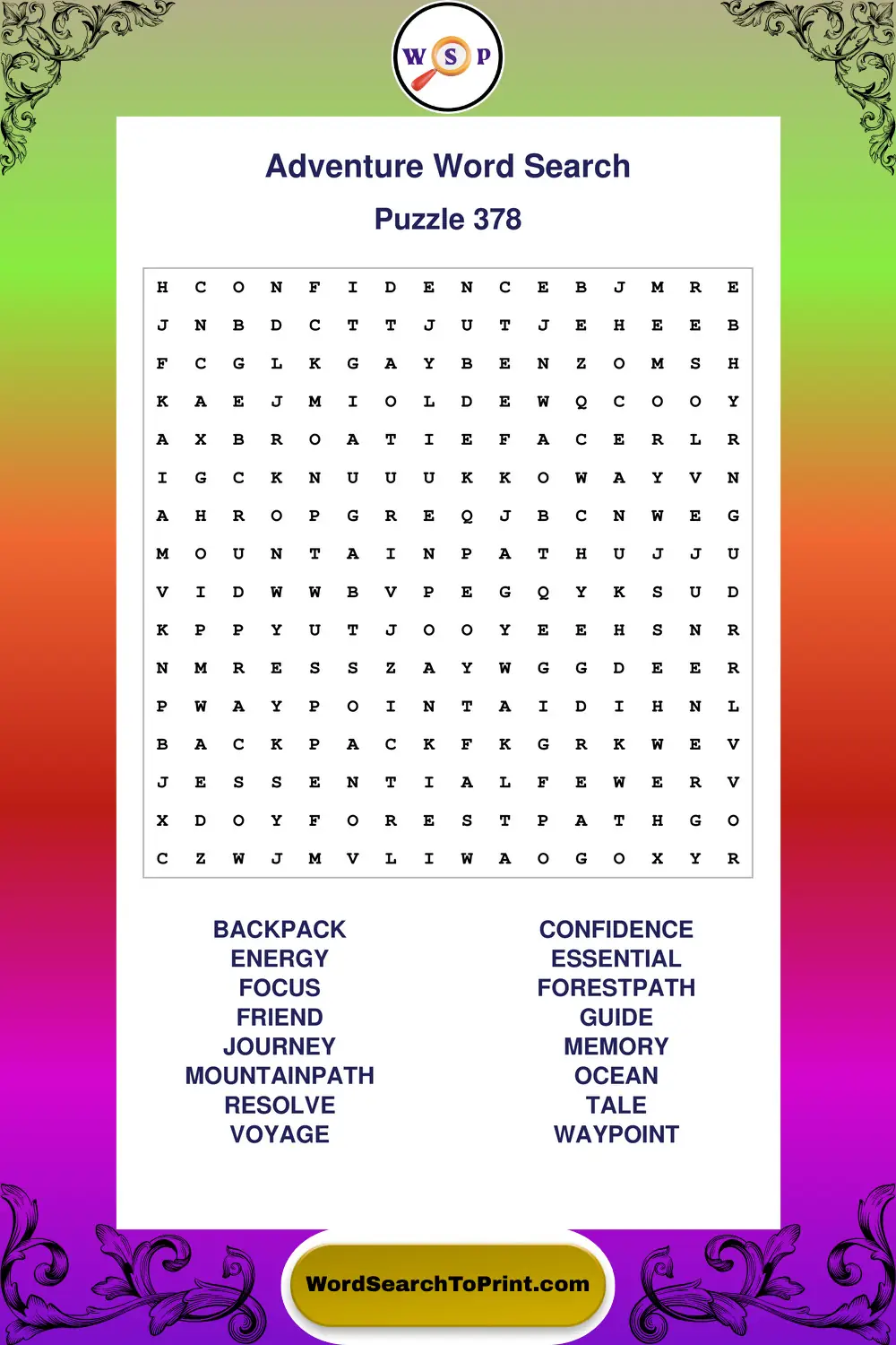 Adventure Word Search Puzzle 378