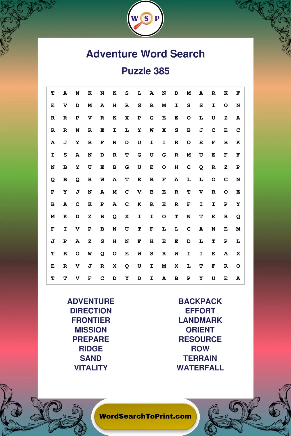 Adventure Word Search Puzzle 385