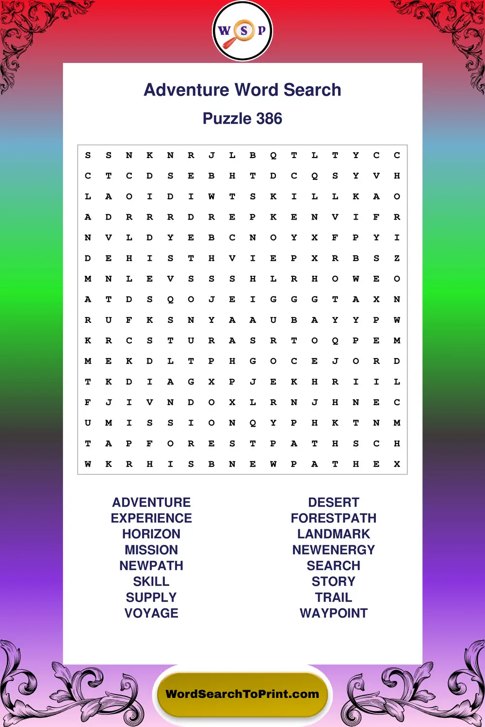 Adventure Word Search Puzzle 386