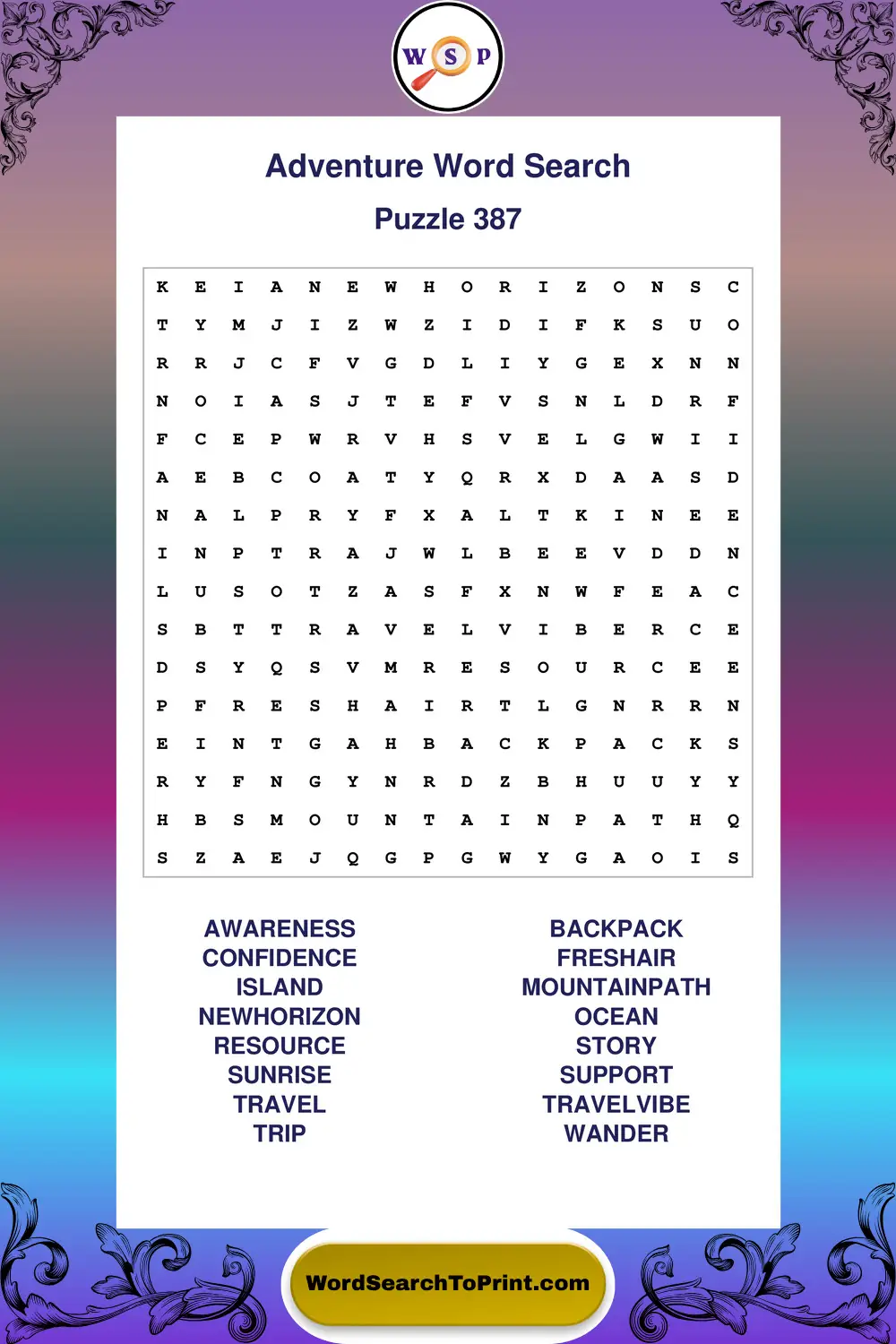 Adventure Word Search Puzzle 387