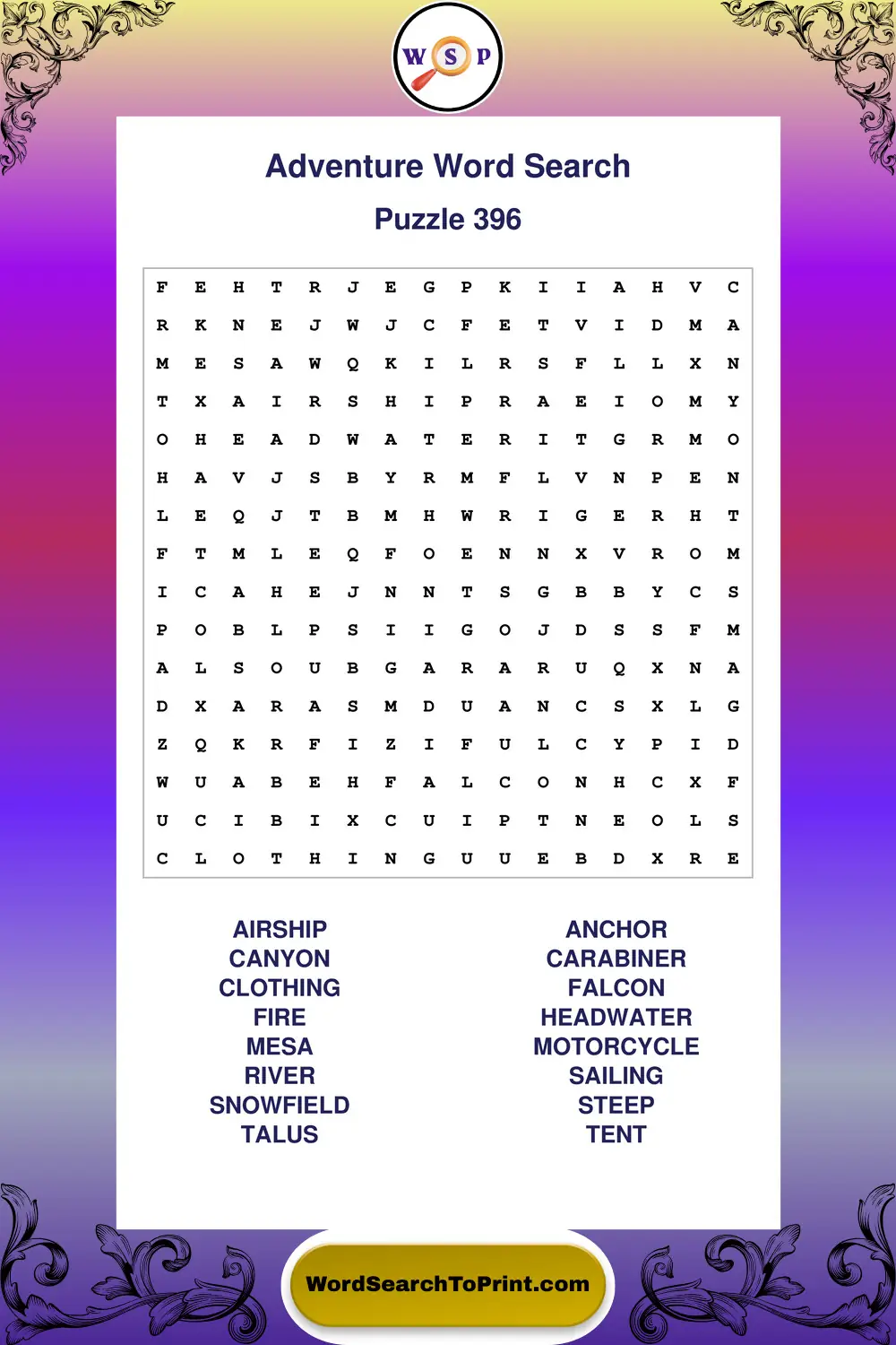 Adventure Word Search Puzzle 396