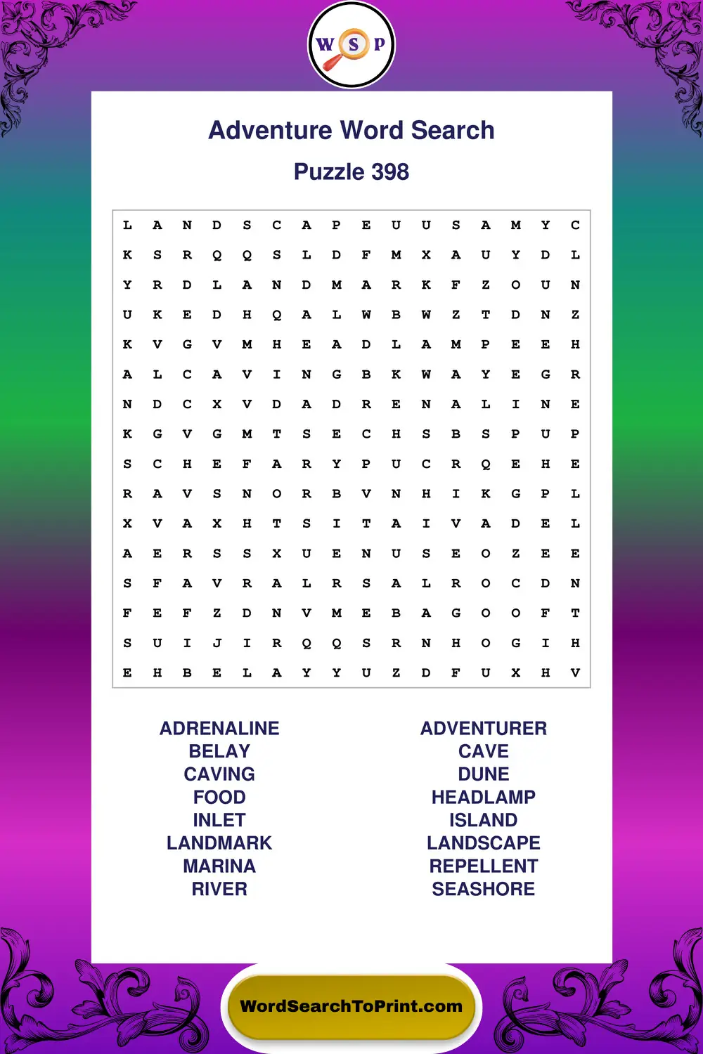 Adventure Word Search Puzzle 398