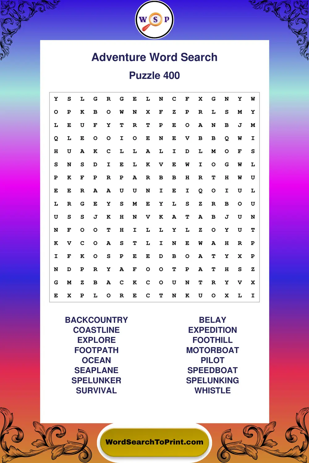 Adventure Word Search Puzzle 400