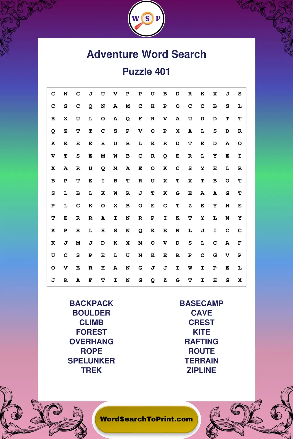 Adventure Word Search Puzzle 401