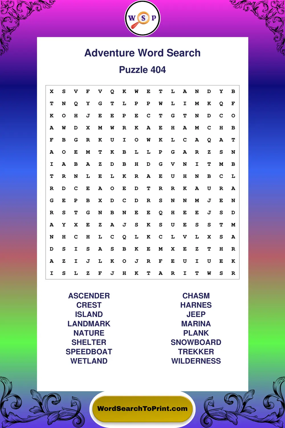 Adventure Word Search Puzzle 404