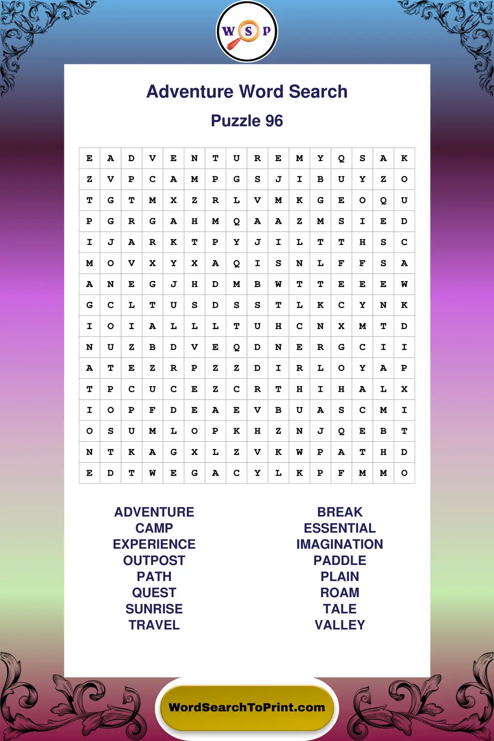 Adventure Word Search Puzzle 96