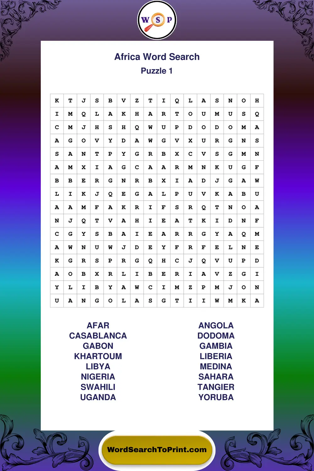 Africa Word Search Puzzle 1