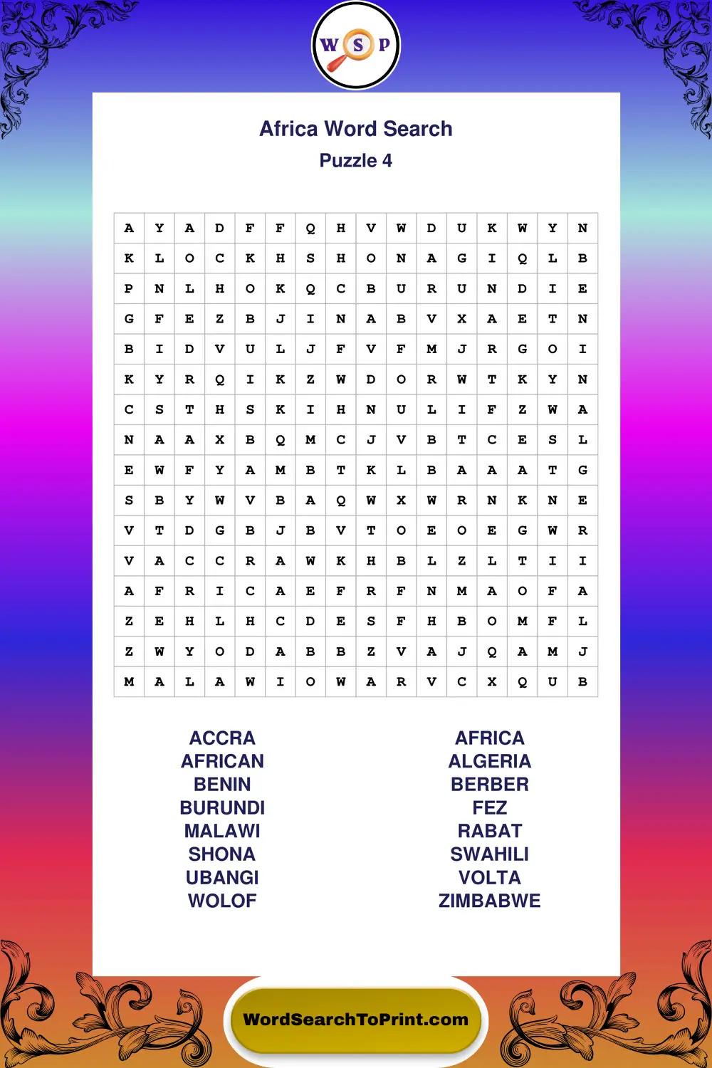 Africa Word Search Puzzle 4