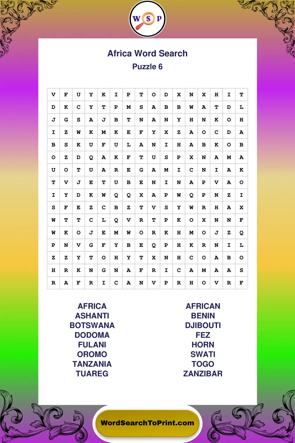 Africa Word Search Puzzle 6