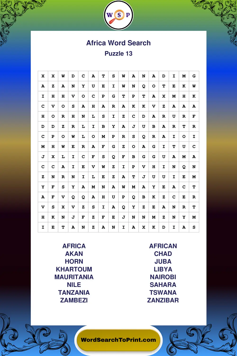 Africa Word Search Puzzle 13