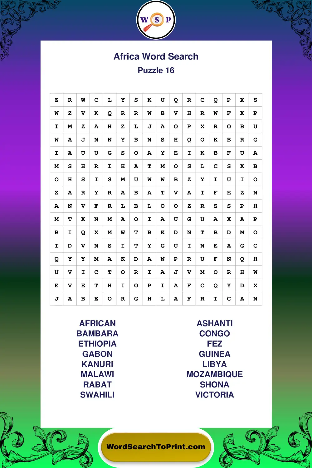 Africa Word Search Puzzle 16