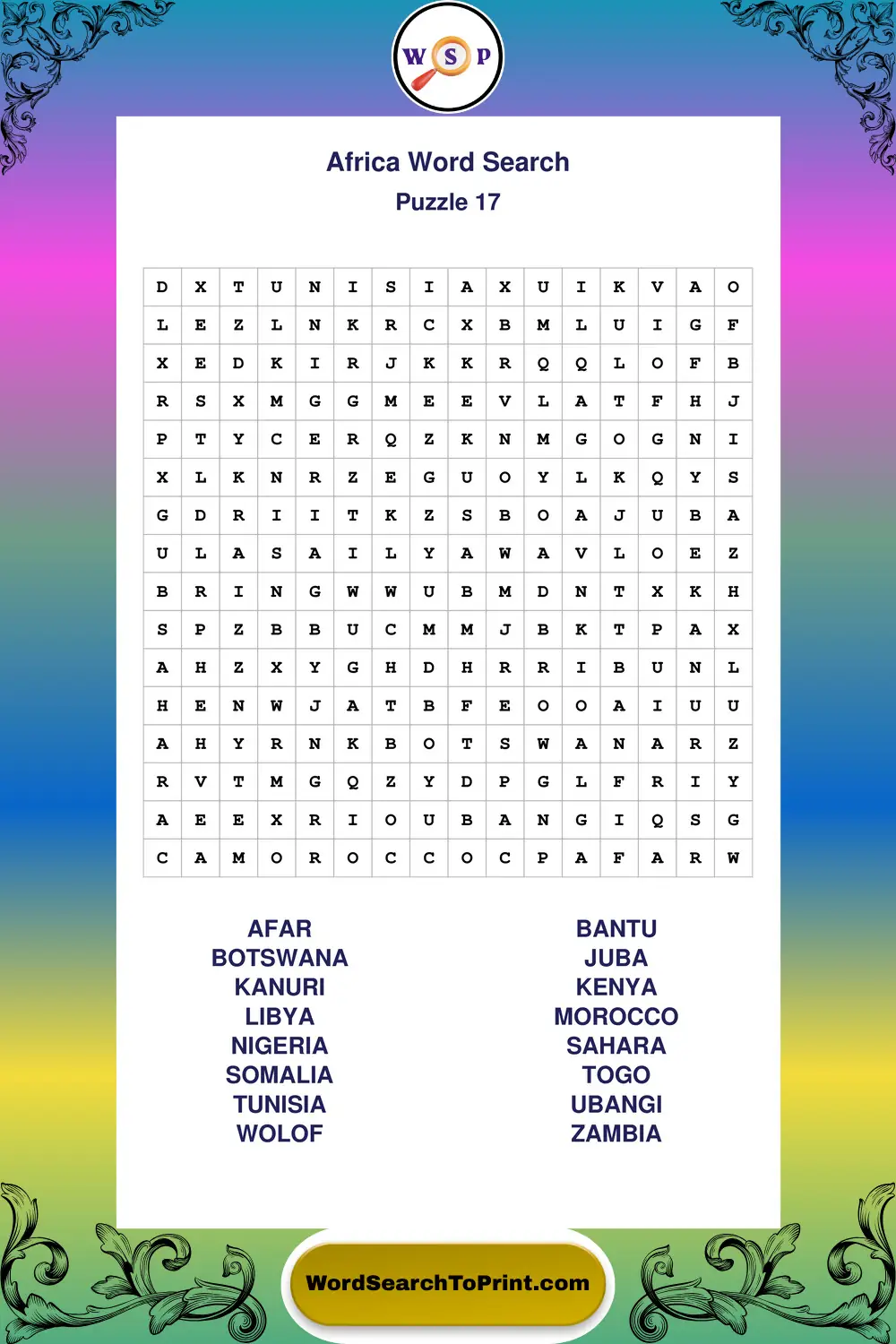 Africa Word Search Puzzle 17