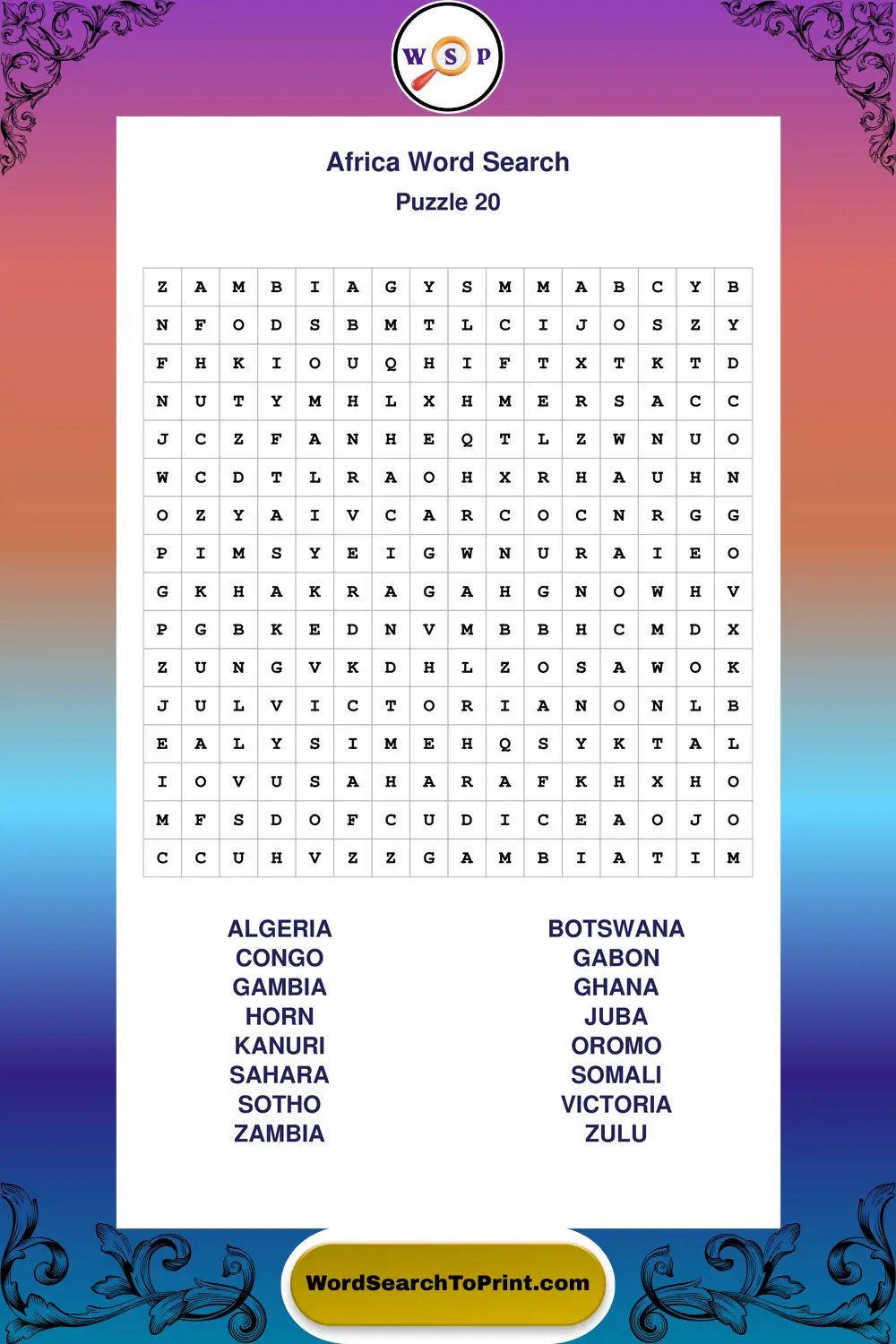 Africa Word Search Puzzle 20