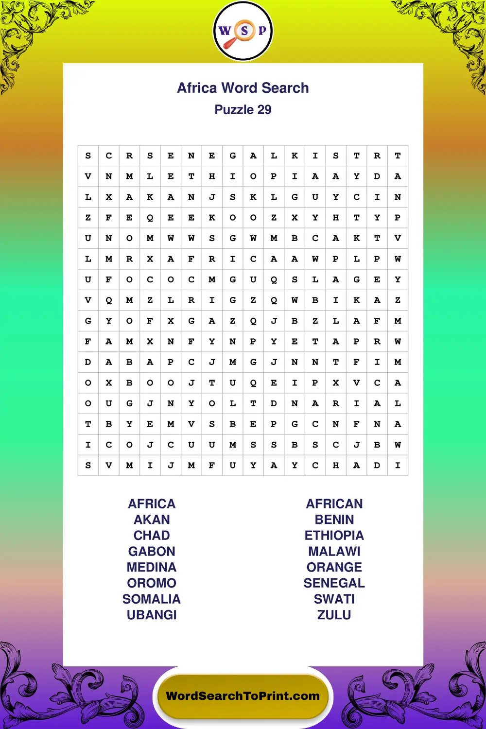Africa Word Search Puzzle 29