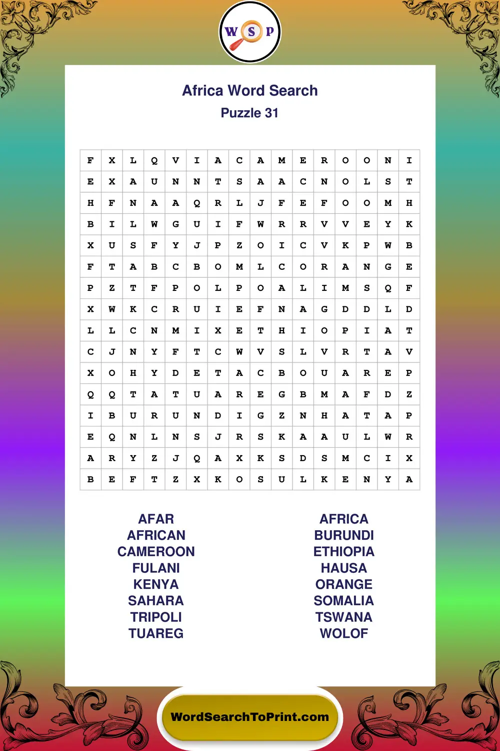 Africa Word Search Puzzle 31