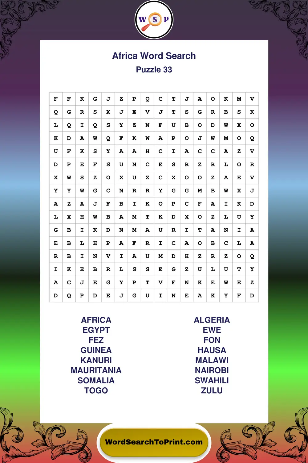 Africa Word Search Puzzle 33