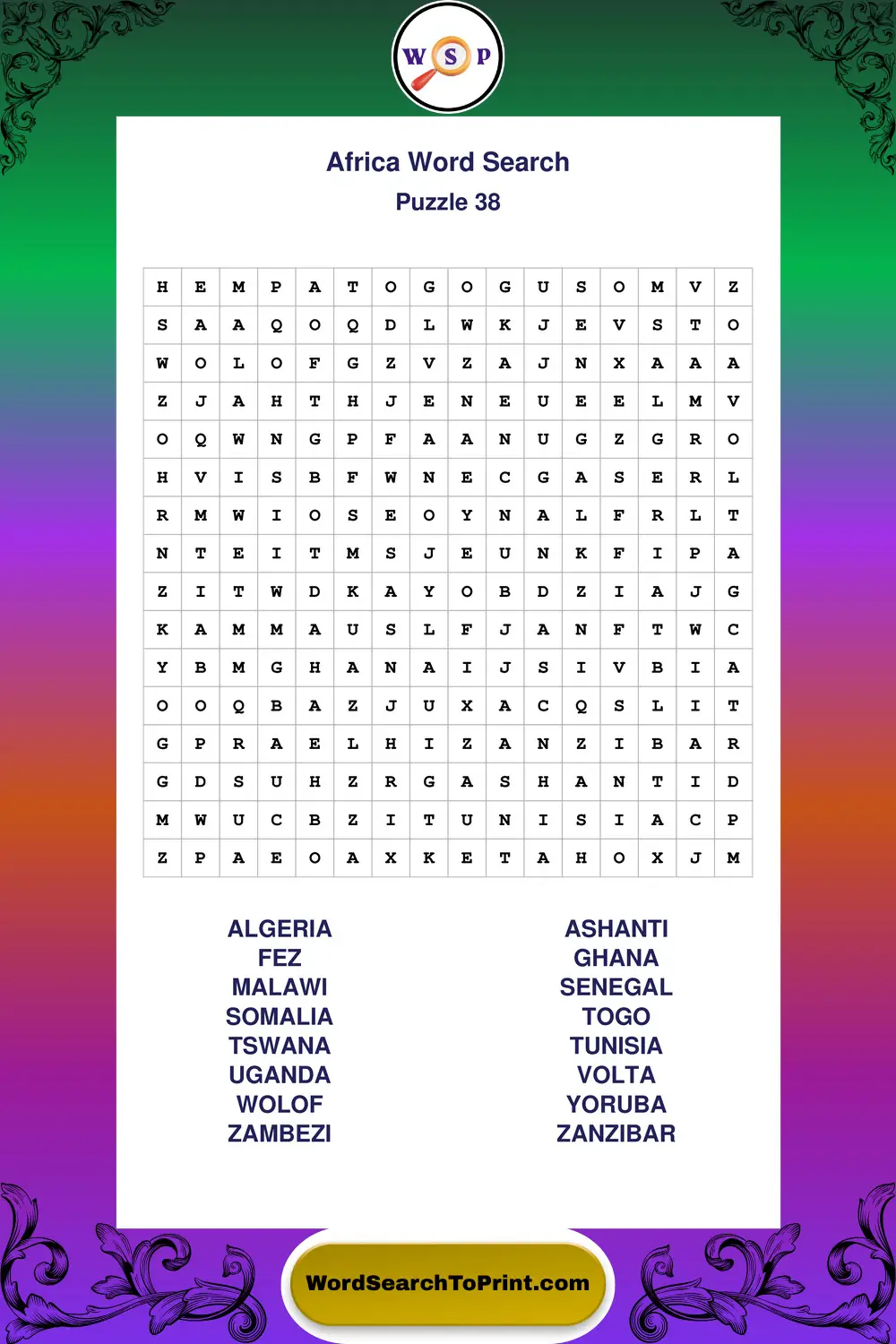 Africa Word Search Puzzle 38