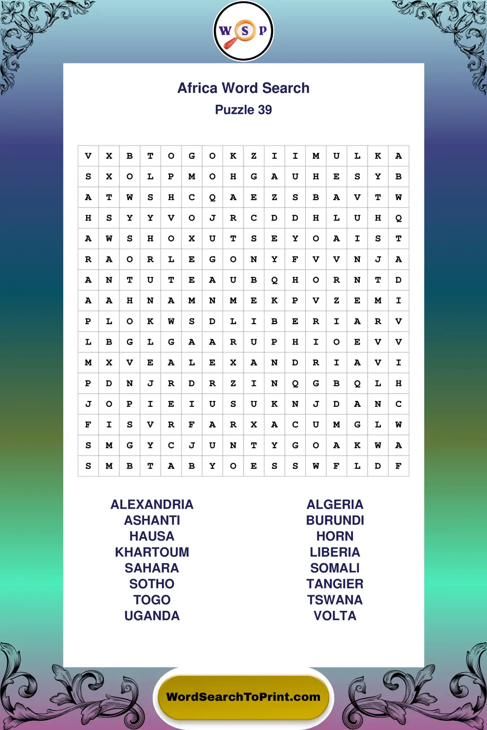 Africa Word Search Puzzle 39